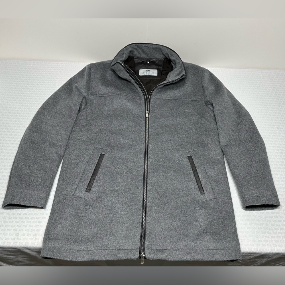 Authentic DI BELLO Italy 100% Virgin Wool Leather Trim Coat Women's IT 52 US 18